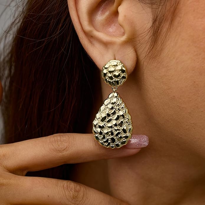 Hefanny Large Hammered Teardrop Dangle Earrings Geometric Chunky Flower Earrings Women's Trendy Statement Jewelry Multiple Styles