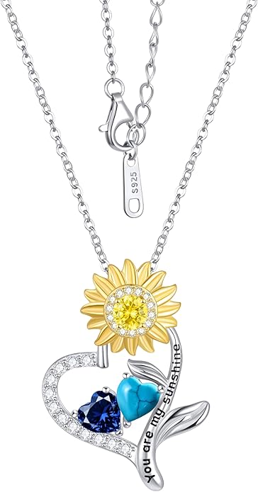 PERJI Valentine's Day Gifts for Women - 925 Sterling Silver Double Birthstone Sunflower Necklace, Anniversary Birthday Jewelry You are My Sunshine Gifts for Wife Couple Girlfriend 18"+2" Non Tarnish