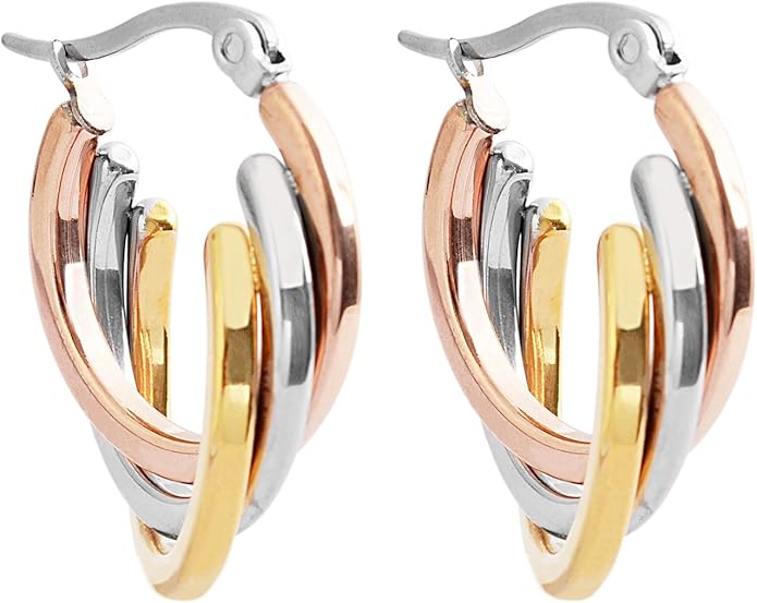Edforce Women's Stainless Steel Overlapping Triple Hoop Earrings, (25mm-35mm)