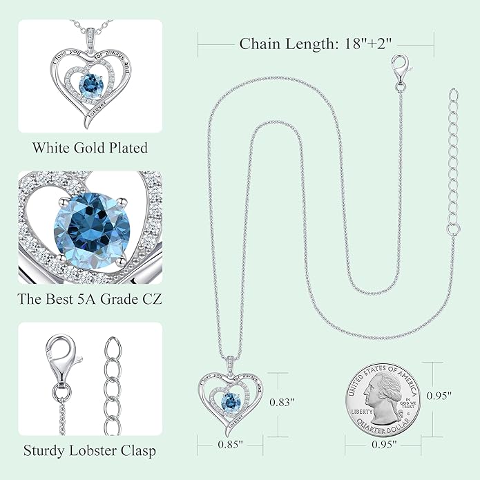S925 Sterling Silver Necklace for Women, Christams Gift for Women, Love Heart Birthstone Necklaces for Women, Wife Jewelry, Mom Birthday Valentines Mothers Day Gifts, Girlfriend Necklaces, Daughter Heart Jewel, Anniversary for Her