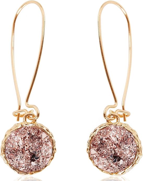 Simulated Druzy Threader Drop Earrings for Women - Gold, Silver, or Rose Gold Tone Trendy Boho Dangles with Sparkly Round Stone