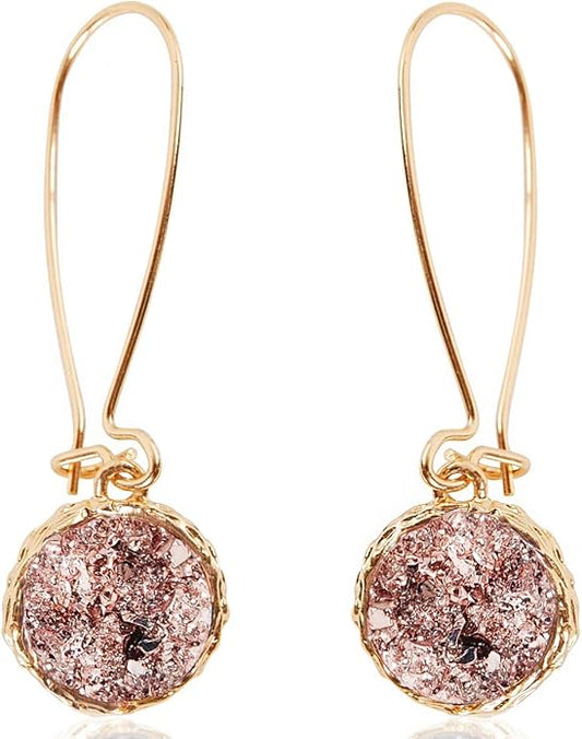 Simulated Druzy Threader Drop Earrings for Women - Gold, Silver, or Rose Gold Tone Trendy Boho Dangles with Sparkly Round Stone
