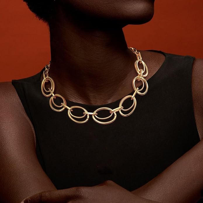 Chunky Gold Necklace for Women: 14k Gold Plated Loop Chain Link Statement Choker Necklace for Women - Chunky Fashion Pendant Jewelry