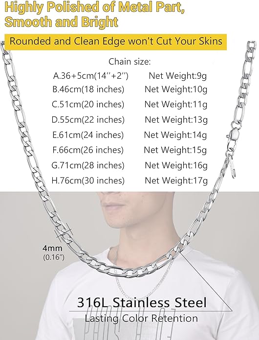 PROSTEEL 316L Stainless Steel Figaro Cuban Chain Necklace for Men, Black/18K Real Gold Plated, 4/5/6/7.5/9/10/13mm, 14inch-30inch, Come with Box