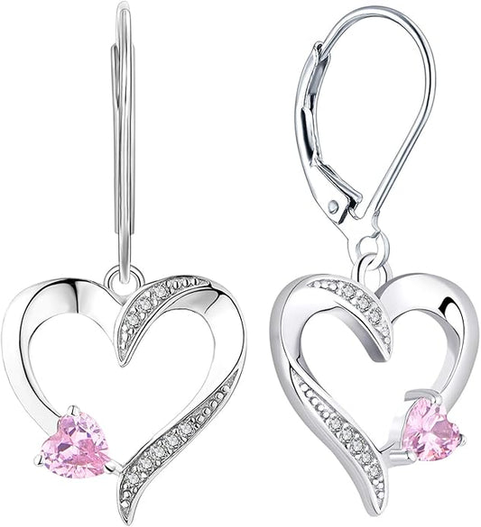 YL Heart Dangle Earrings 925 Sterling Silver Drop Earrings Birthstone Leverback Jewelry for Women