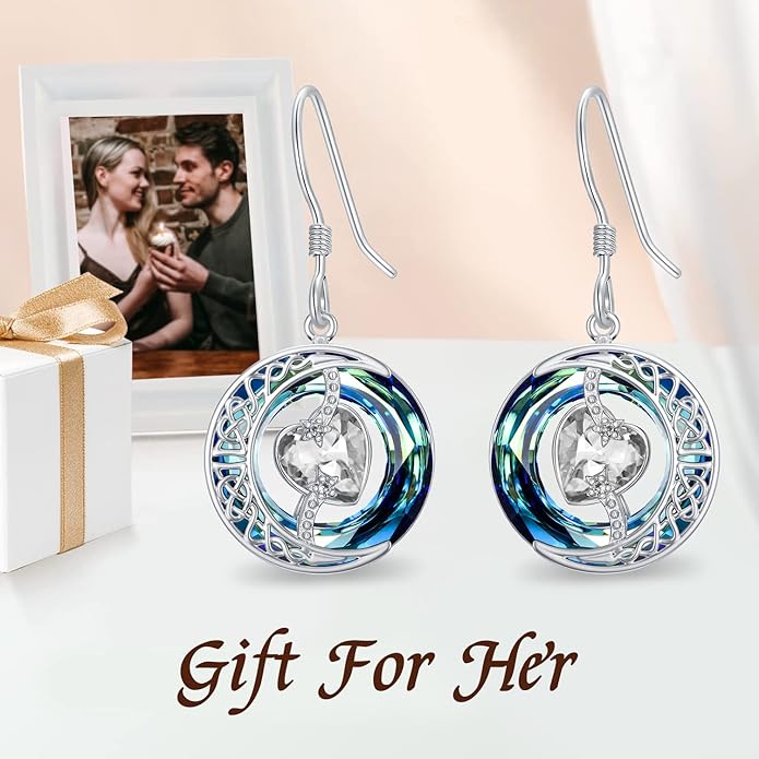 TOUPOP Birthstone Earrings for Women 925 Sterling Silver Moon and Star Dangle Earrings with Blue Crystal BirthdayJewelry Christmas Gifts for Women