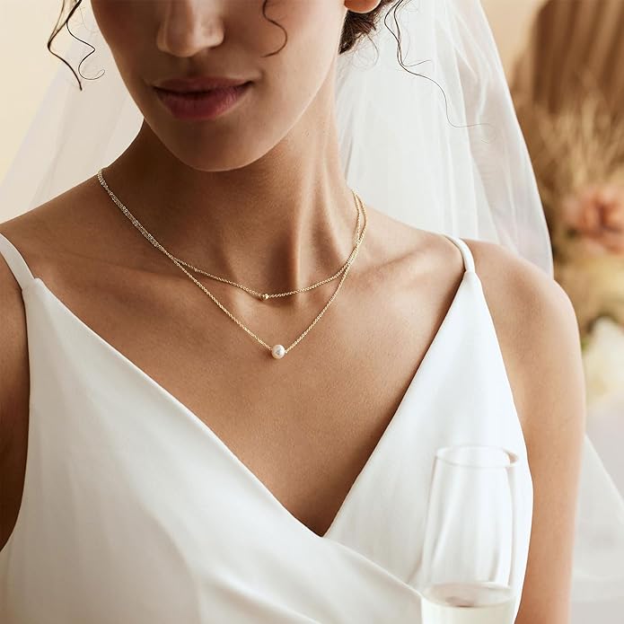 Gold Pearl Necklaces for Women Trendy, 14K Gold Plated Dainty Necklace Simple Layered Pearl Necklaces for Women Trendy Wedding Birthday Jewelry