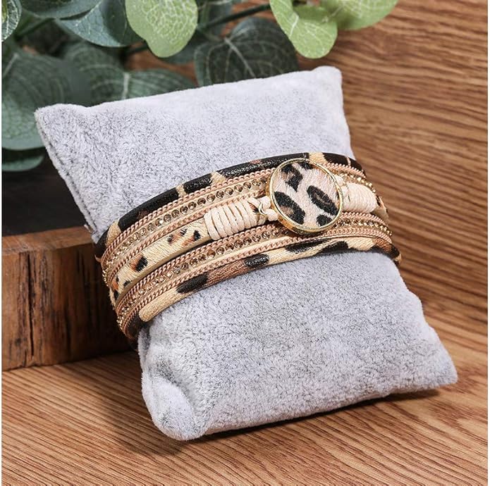 Fesciory Leopard Bracelet for Women, Boho Leather Wrap Multi-Layer Pearl Crystal Bracelet Bangle Jewelry