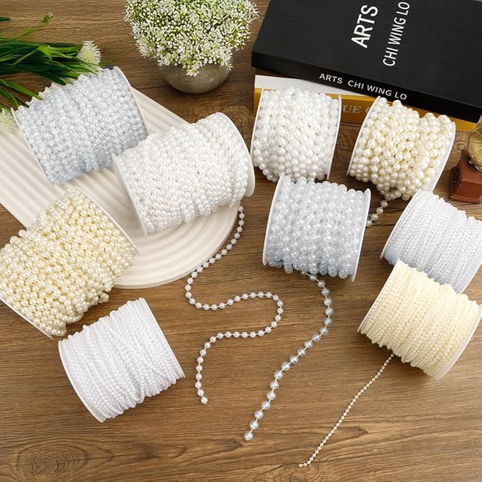 Pearl Beads Garland, 3mm String of Pearls, 164FT Pearl Garland for Christmas Tree, Christmas Faux Pearls Strand Roll for DIY Craft Xmas Wedding Party Supplies Flowers Decoration