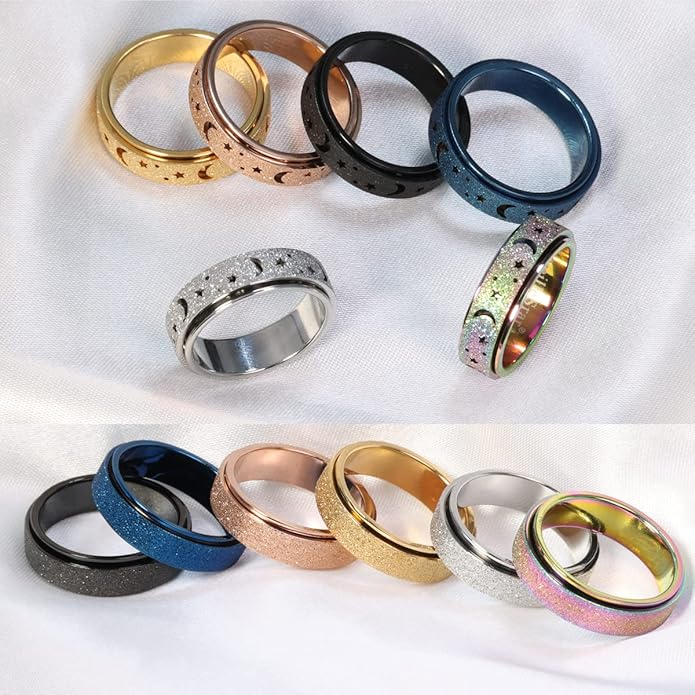 AmorArtSky Anxiety Ring for Women Men, Titanium Stainless Steel Spinner Ring, 5 Colors, 6MM, Size 6-10, 3 Styles Anxiety Ring-Moon Star, Sandblasted Finished, Hollow Outer