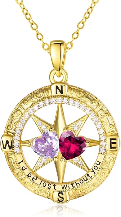 Zeuslia Double Birthstone Necklace Gifts for Wife - 925 Sterling Silver Sunflower/Rose/Crown Cross/Compass/Heart Pendant I Love You Necklace, Anniversary Birthday Gifts for Wife Girlfriend Mom Her