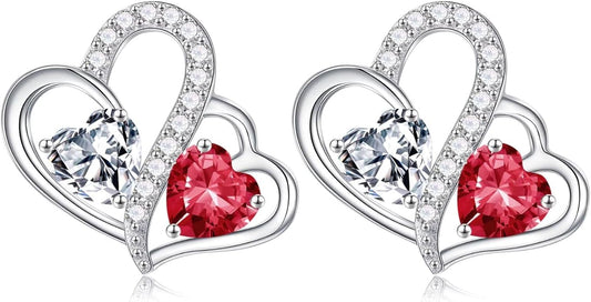 Iefil Valentines Day Gifts for Her - Birthstone Earrings Gift for Women, 925 Sterling Silver Double Heart Birthstone Earrings | Anniversary Birthday Gifts for Women, Personalized Jewelry for Wife Mom