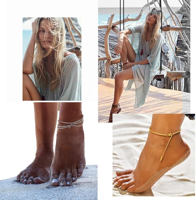PROSTEEL Stainless Steel Chain Anklets for Women, Silver/Gold Tone, Ankle Bracelets Hypoallergenic, 8-10.5 Inch Adjustable, Come with Box