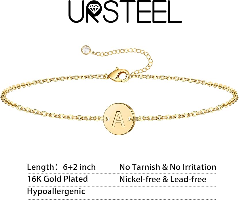 Ursteel Gold Initial Bracelet for Women Trendy - Personalized A-Z Letter Cute Bracelet for Women, Dainty Gold Coin Disc Womens Jewelry Gifts