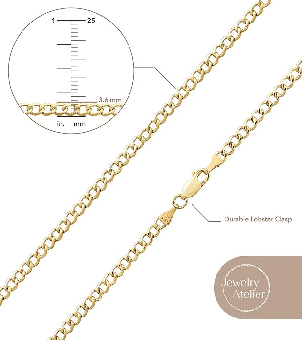 Jewelry Atelier Gold Chain Necklace Collection - 14K Solid Yellow Gold Filled Miami Cuban Curb Link Chain Necklaces for Women and Men with Different Sizes (2.7mm, 3.6mm, 4.5mm, or 5.5mm)