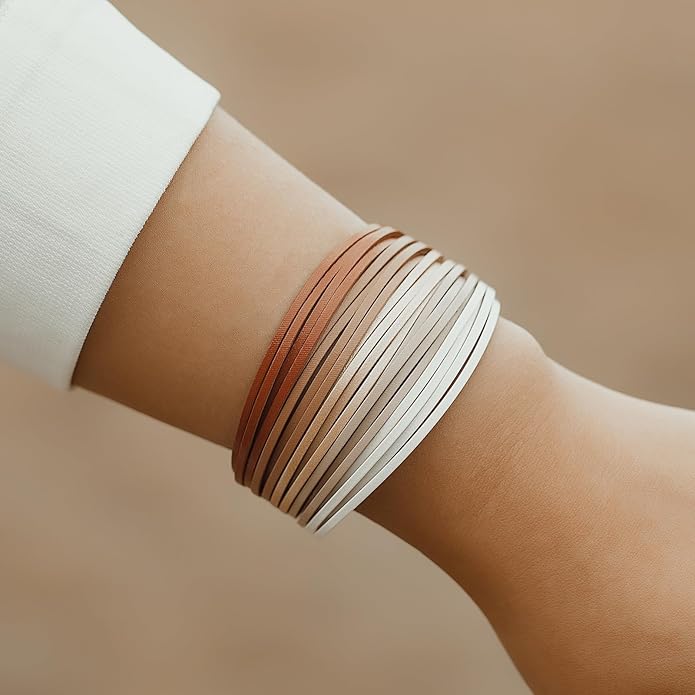 FANCY SHINY Boho Leather Wrap Bracelet Stackable Layered Bangle Cuff with Magnetic Clasp