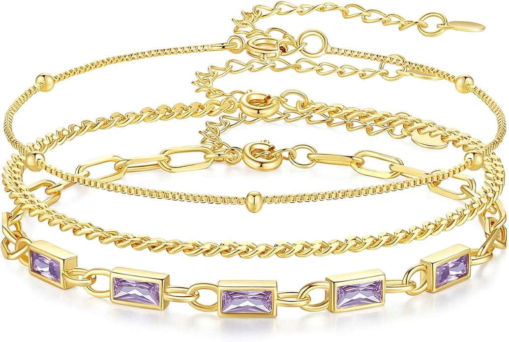 Gold Birthstone Bracelet for Women, 18K Gold Plated Layered Jewelry Bracelet Set, Women Dainty Stackable Bracelets Link Paperclip Chain Valentines Day Gift for Women