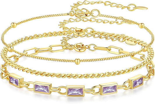 Gold Birthstone Bracelet for Women, 18K Gold Plated Layered Jewelry Bracelet Set, Women Dainty Stackable Bracelets Link Paperclip Chain Valentines Day Gift for Women