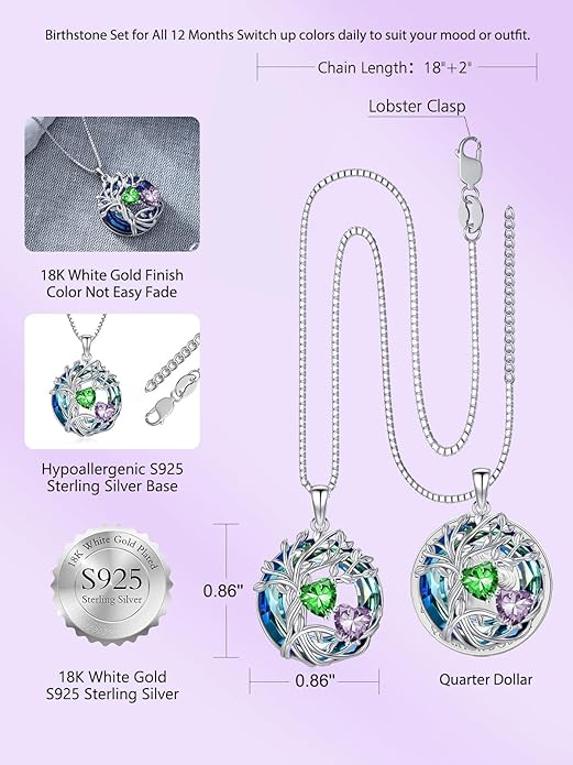 TOUPOP s925 Sterling Silver Family Celtic Tree of Life Pendant Necklaces with 2 Heart Birthstone with Blue Austrian Crystal Jewelry Birthday Anniversary Christmas Gifts for Her Wife Girlfriend Mom (18K Real White Gold Filled)
