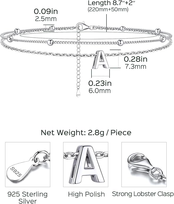 ChicSilver Ankle Bracelets for Women Waterproof, 925 Sterling Silver Initial Anklets for Women, Adjustable Dainty Layered Anklet Beach Jewelry for Women Mom Wife Friend