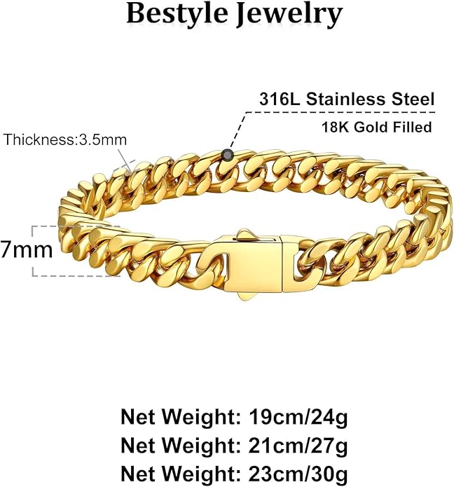 Bestyle Thick Mens Cuban Link Chain Bracelets, Durable Real 18K Gold/Black Metal Plated Solid Stainless Steel Hand Chain Cuban Bracelets for Men, Silver Black Gold Bracelets for Father Husband