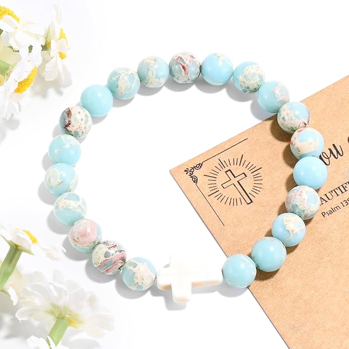 VIBILIA Cross Beaded Bracelets for Women, Inspirational Natural Heart Religious Bracelets for Women, Birthday Christian Gifts for Women on Thanksgiving Christmas Gifts