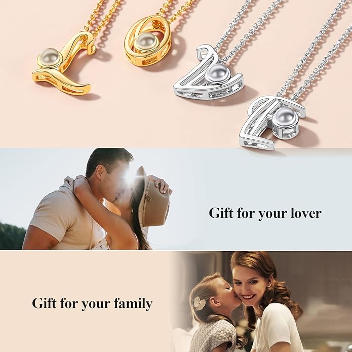 Custom4U Personalized Initial Picture Necklace for Women, Projection Necklace with Picture Inside, Gold/Silver Letter Pendant Necklace, Custom Photo Gifts for Mom Wife Birthday Valentines
