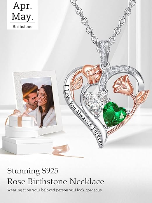 Zeuslia Double Birthstone Necklace Gifts for Wife - 925 Sterling Silver Sunflower/Rose/Crown Cross/Compass/Heart Pendant I Love You Necklace, Anniversary Birthday Gifts for Wife Girlfriend Mom Her