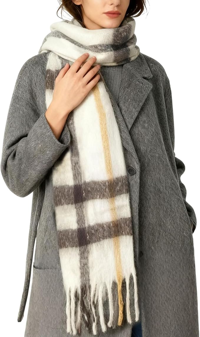 SHOHOKU Large Chunky Plaid Scarf Coloured Checked Oversized Scarf Tassel Soft Fall Winter Thick Warm Shawl Women