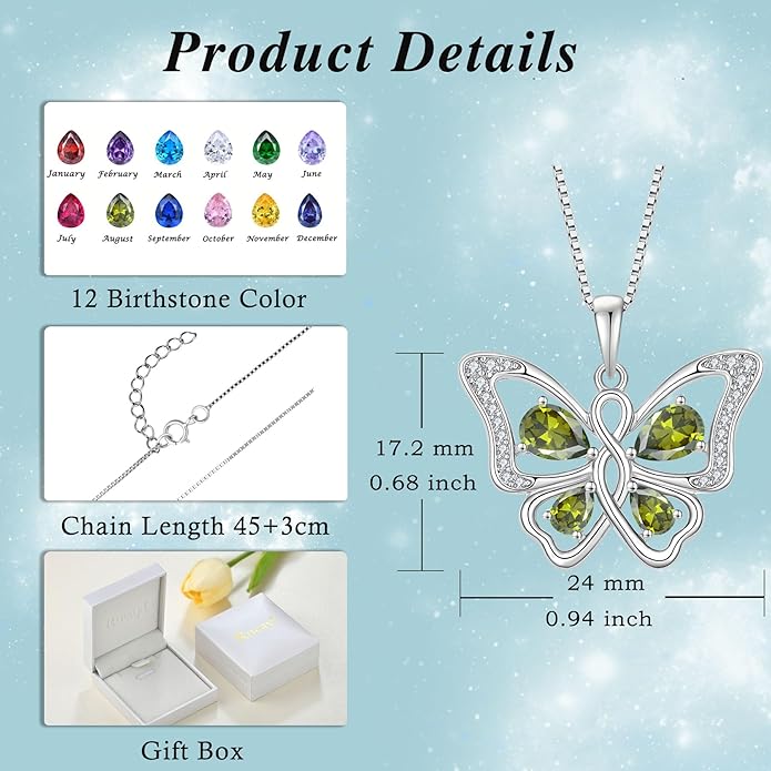 Butterfly Necklace 925 Sterling Silver Cubic Zirconia Birthstone Jewelry Gifts for Women Wife Mother