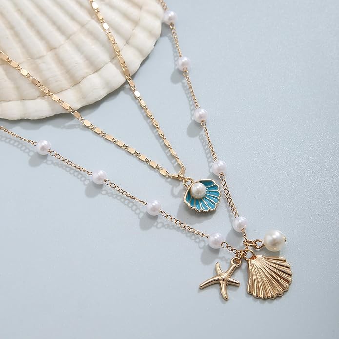 Gold Starfish Necklace for Women Beach Jewelry Accessories Sea Shell Beach Necklace Layered Starfish Pendant Beachy Ocean Necklaces Boho Cowrie Seashell Summer Necklaces Jewelry Gifts Trendy Stuff