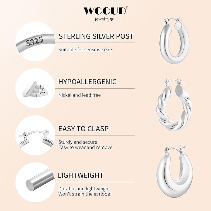WGOUD 3Pairs 14K Gold Plated Chunky Hoop Earrings Set for Women, Trendy Hoop Earring 925 Sterling Silver Post - Hypoallergenic Thick Lightweight Twisted Hoops Dainty Gold Earrings for Women Jewelry Gifts