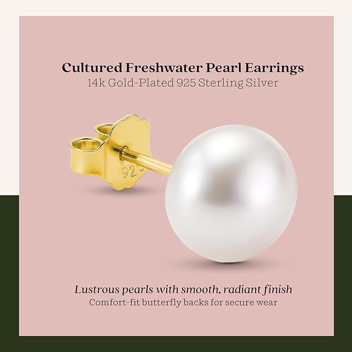 KEZEF Freshwater Pearl Stud Earrings for Women – AAA Quality Cultured Pearls on 925 Sterling Silver Post Rhodium or 14K Gold Plated, Sizes 6‑11 mm