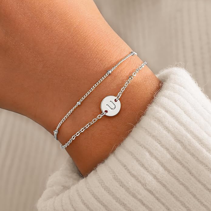 MONOZO Gold Bracelets for Women Jewelry Gifts - Dainty 18K Real Gold Plated Disc Monogram Letter A-Z Initial Bracelets for Women Trendy Personalized Letter Bracelet Jewelry Gifts for Her