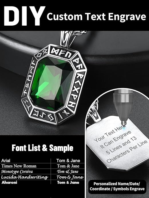 ChainsHouse Viking Rune Pendant Necklace for Men Women, Punk Biker Black Metal/316L Stainless Steel Onyx Norse Vintage Amulet Necklaces with Black/Red/Green/Blue Gemstone, Send Gift Box