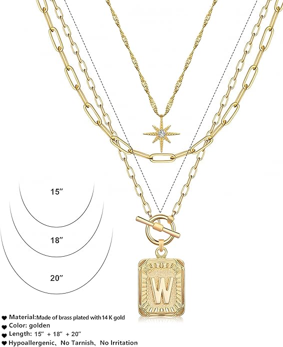 MJartoria Layered Initial Necklaces for Women Trendy, 14K Gold Plated Brass Simple Star Choker Square Letter Pendant Necklace, Paperclip Chain Necklaces Jewelry Gifts
