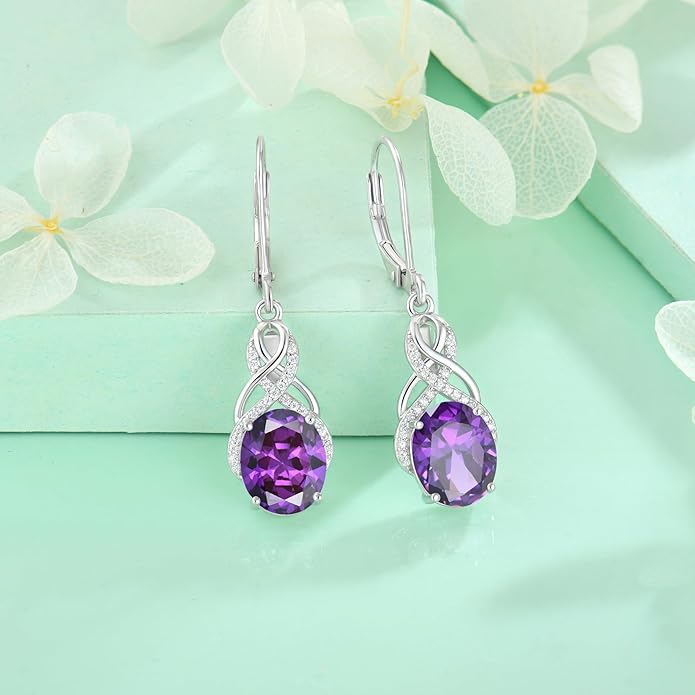 Starchenie 925 Sterling Silver Earrings for Women Infinity Dangle Earrings Amethyst Oval Cut Birthstone Jewelry Gift