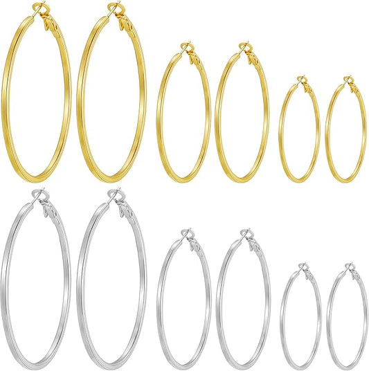 Gold Silver Plated Hoop Earrings for Women Hypoallergenic Stainless Steel Gold Hoops Earrings Lightweight Large Small Hoop Earrings Set