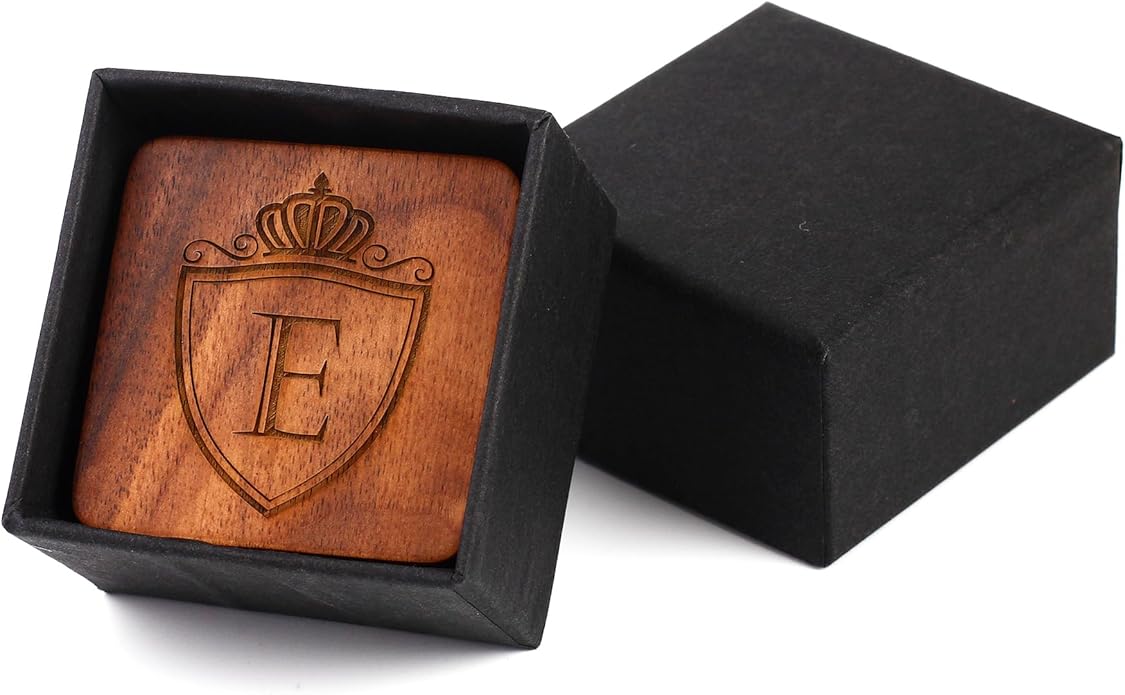 Mens Initial Silver Cufflinks A-Z Alphabet Letter Steel Cuff Links with Engraved Walnut Wood Box Groom Groomsman Wedding Set…