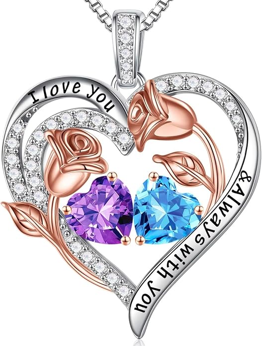 Iefil Birthstone Necklace for Women - 925 Sterling Silver Rose Heart Birthstone Necklace Birthday Anniversary Jewelry Gifts for Her Wife Mom Daughter