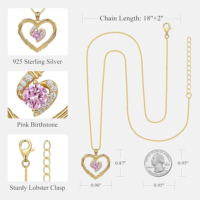 G&GEMSJEW 18K Gold Heart Birthstone Necklaces for Women, S925 Sterling Silver Jewelry Birthday Gifts for Women Wife Girlfriend Mom, Anniversary Christmas Valentines Gifts