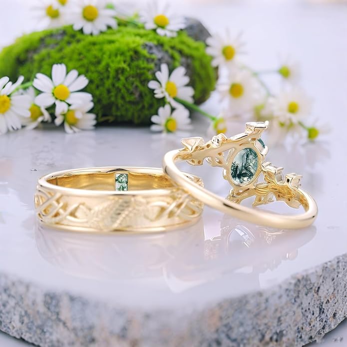 Moss Agate Promise Rings for Couples, 925 Sterling Silver/10K 14K 18K Solid Gold Natural Moss Agate Wedding Rings for Him And Her, Vintage Leaf Matching Couple Rings Anniversary Jewelry Gift