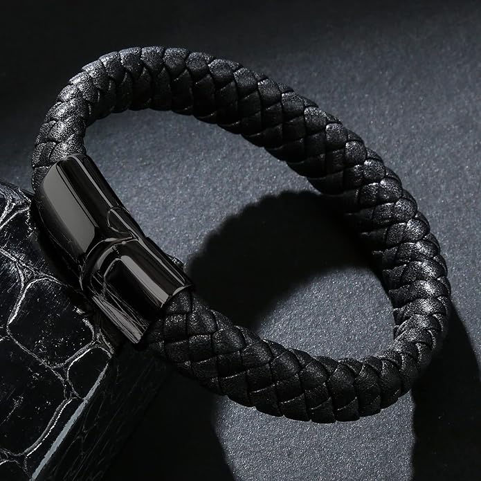 Leather Bracelet for Men Braided Cuff Wristband Stainless Steel Clasp in Silver and Gold Jewellery Gift
