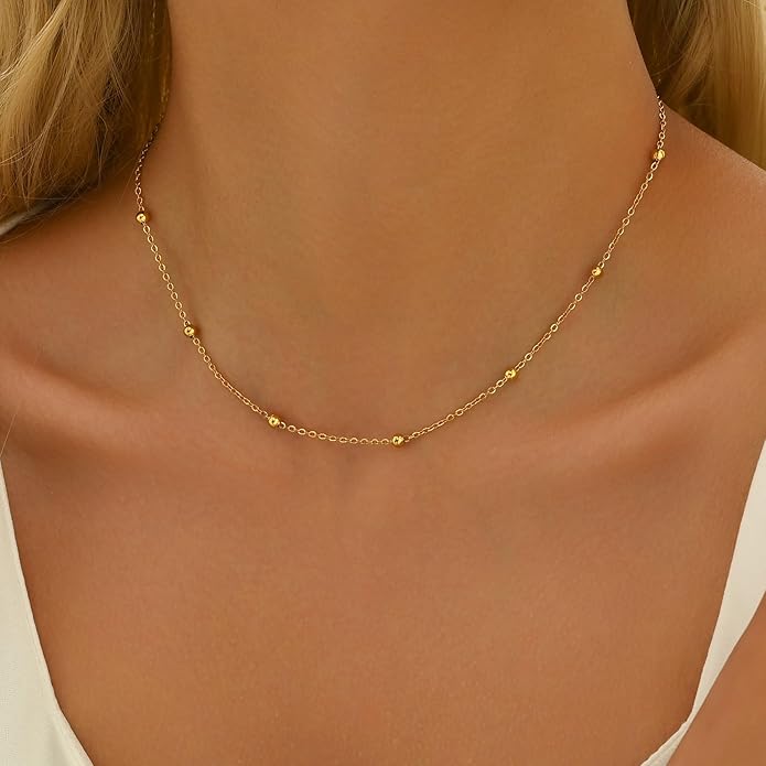 Dainty Chain Necklace for Women, 18K Gold Plated Coin Disc Choker Necklaces Simple Satellite Beaded Twisted Thin Paper Clip Chain Everyday Jewelry Gifts