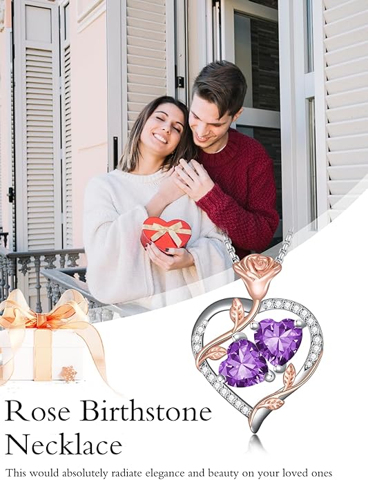 Christmas Gifts for Women Rose Heart Birthstone Pendant Necklace I Love You Forever Jewelry Valentine Mothers Day Birthday Gifts for Women Her Wife Girlfriend