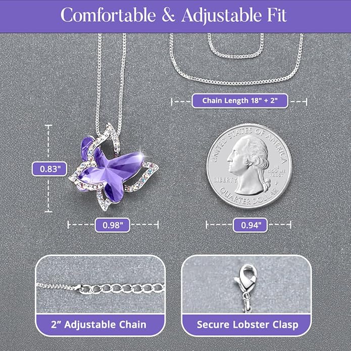 Gift Butterfly Birthstone Crystal Necklace, Silver Tone with 18”+2” Chain, Necklace for Mother’s Day Anniversary Birthday Gifts for Women and Daughter