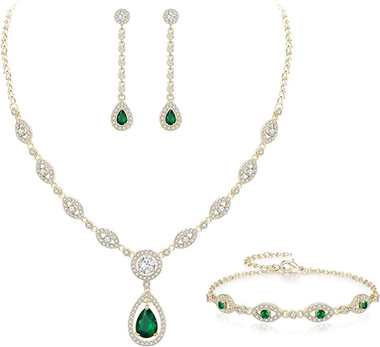 EVER FAITH Bridal Jewelry Set for Women, Stunning Teardrop Cubic Zirconia Birthstone Necklace Bracelet Earrings Sets Gift for Mothers Day/Valentines/Birthday/Christmas