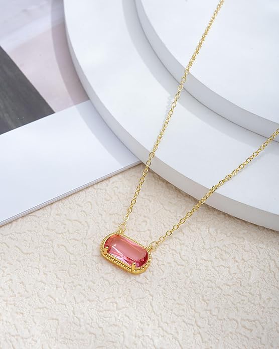 Lourny Gemstone Birthstone Pendant Layered Necklace for Women Trendy, 18K Gold Plated Paperclip Chain Preppy Choker Charm Necklace for Women Wife Jewelry