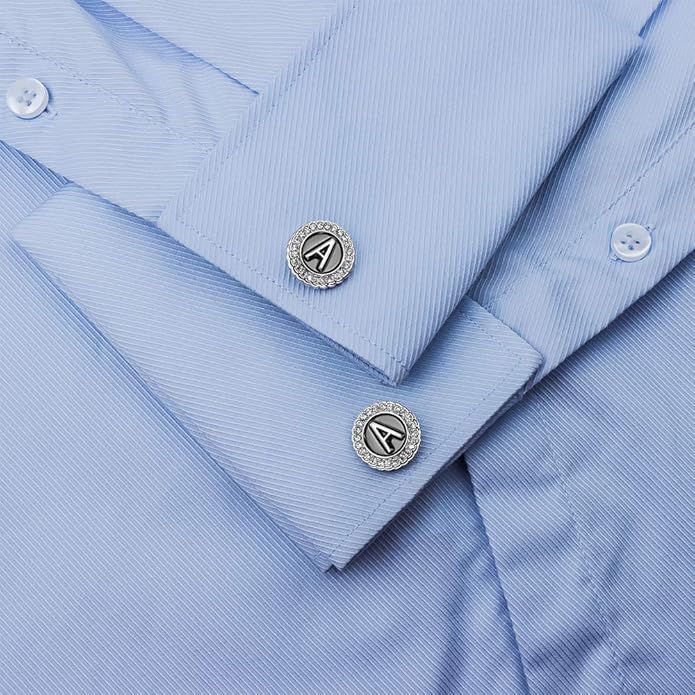 HAWSON A-Z Initial Cufflinks for Men and Women with Clear Crystal, Gold Silver Color Rasied Letter A-Z Cuff Links for French Shirt, Gift for Normal and Business Wearing