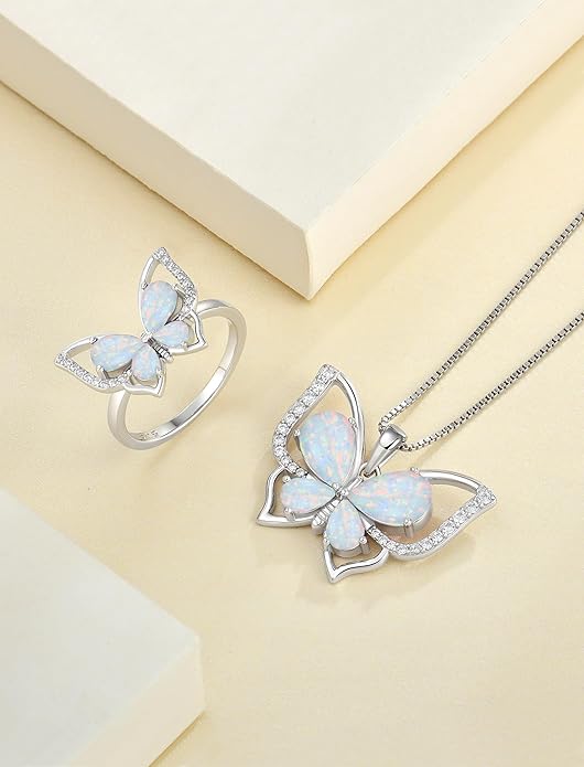 YL Women's Butterfly Necklace 925 Sterling Silver Flower Rose Pendant Birthstone Halo Jewelry